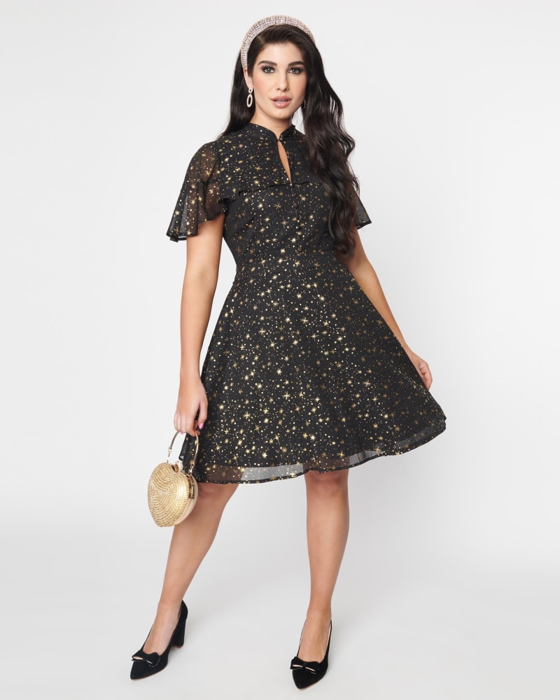 Front of a model wearing a size 2X Unique Vintage Black & Gold Star Capulet Fit & Flare Dress in Black & Gold Star by Unique Vintage. | dia_product_style_image_id:319625